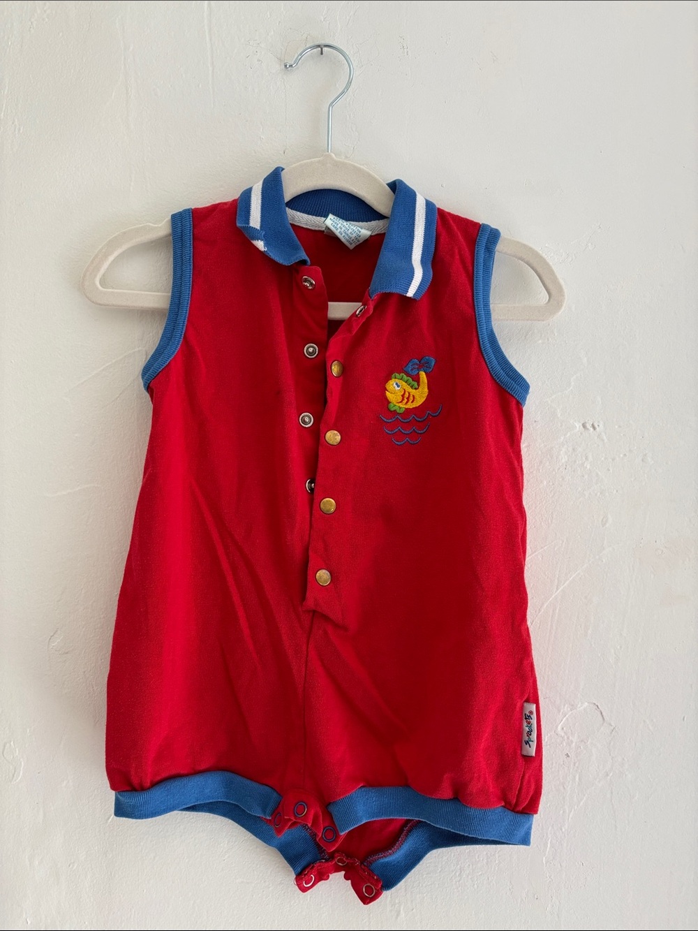 Vintage Polo-Style Baby Romper with Blue Trim and Fish Embroidery 18M